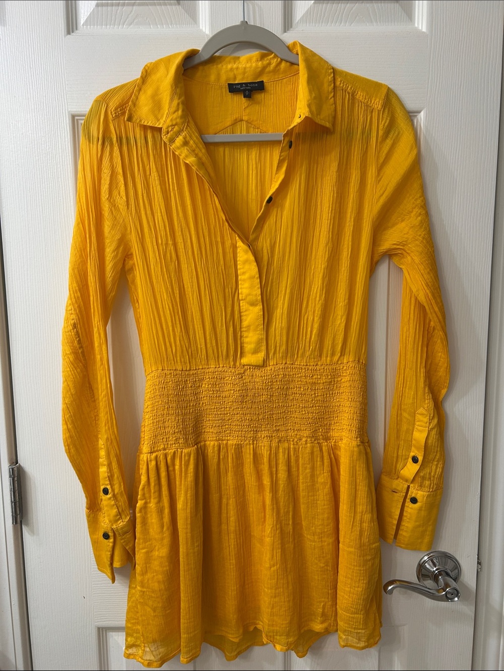 rag & bone Bright Yellow Crinkle Button-Front Smocked Waist Mini Dress